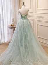 A-Line Off Shoulder Tulle Sequin Green Long Prom Dresses, Green Formal Dresses